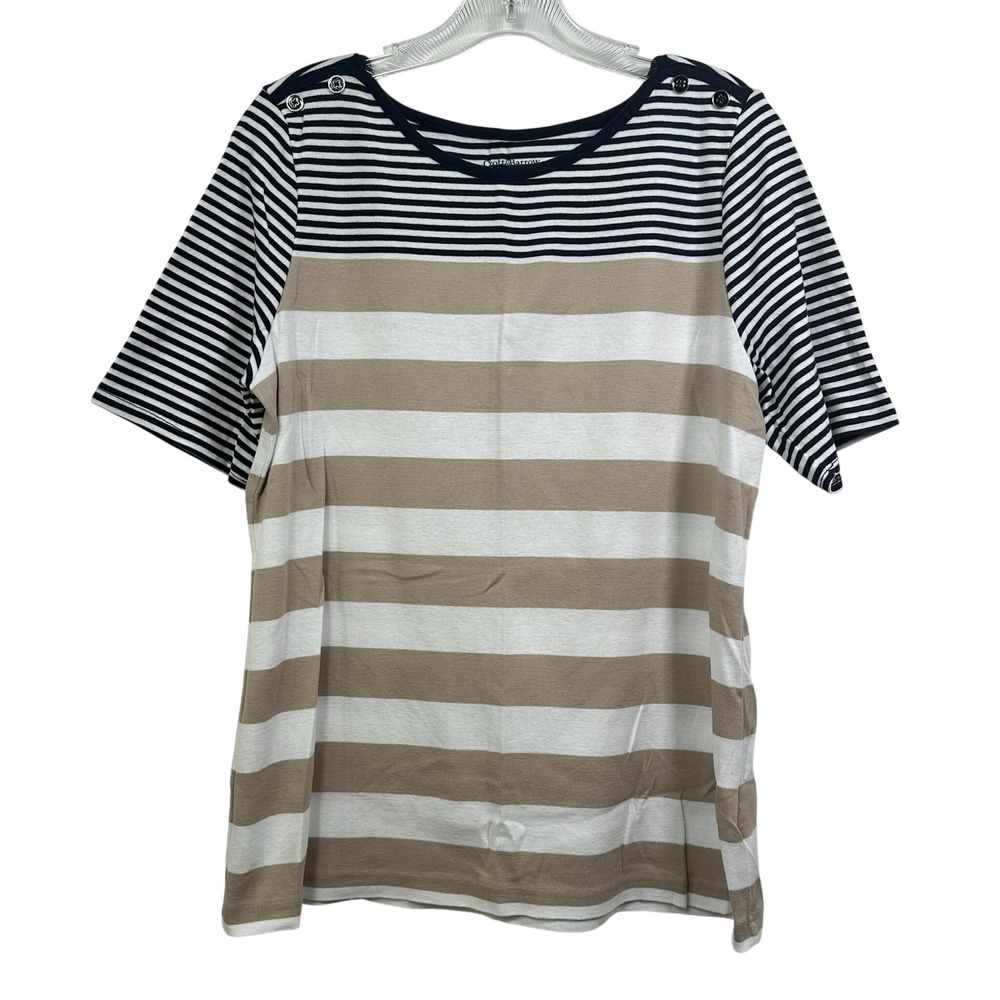 Croft & Barrow Women XL Striped Boat Neck Top Navy Tan Cotton Nautical Shirt